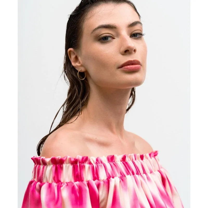 Access Off The Shoulder Geometrically Pink/White Printed Dress