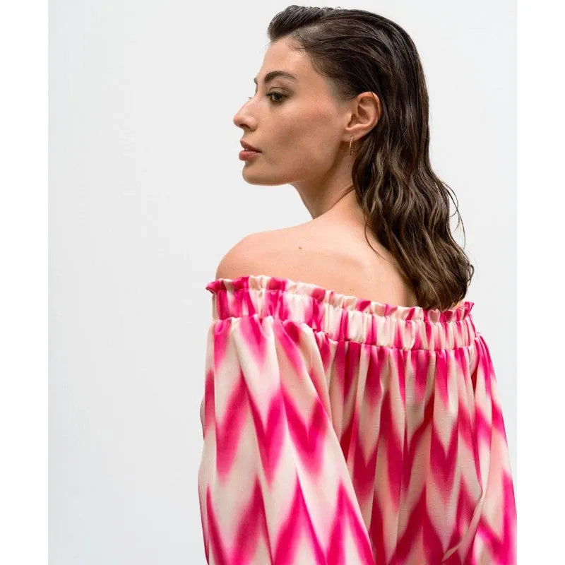 Access Off The Shoulder Geometrically Pink/White Printed Dress