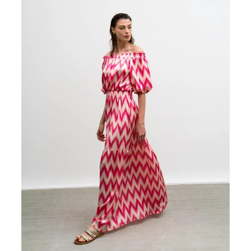 Access Off The Shoulder Geometrically Pink/White Printed Dress