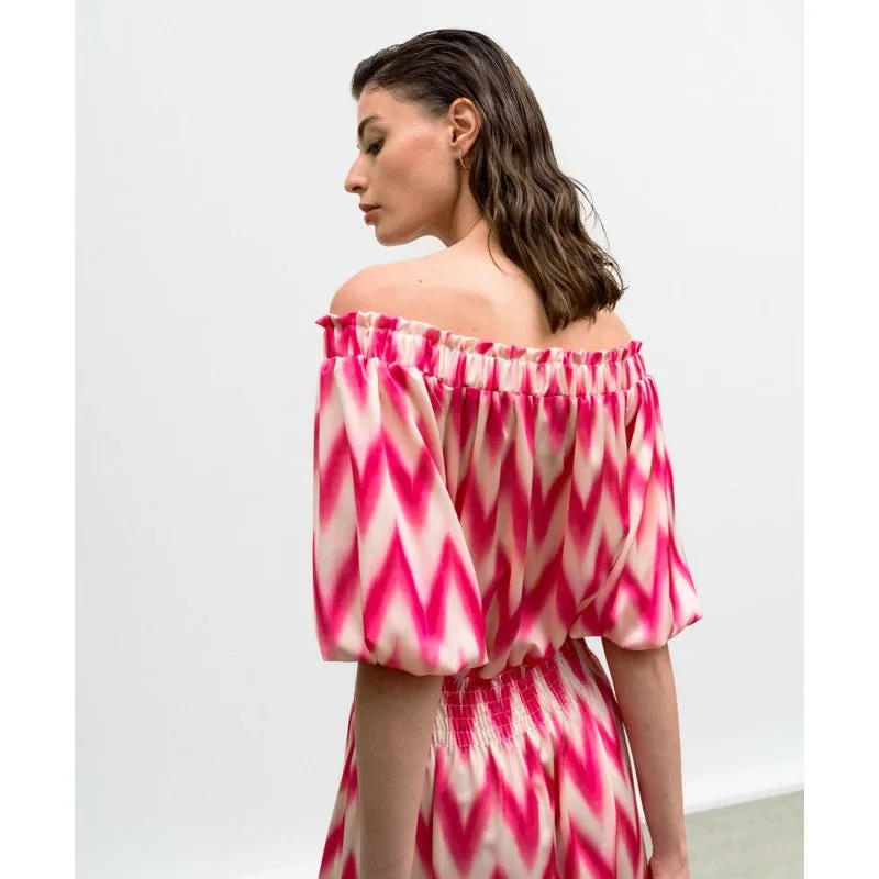 Access Off The Shoulder Geometrically Pink/White Printed Dress