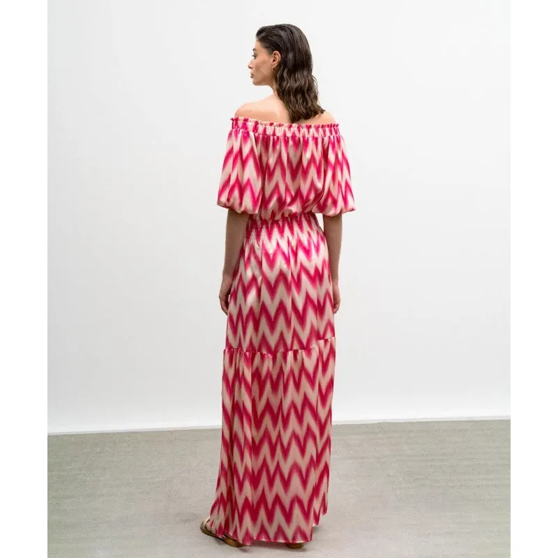 Access Off The Shoulder Geometrically Pink/White Printed Dress