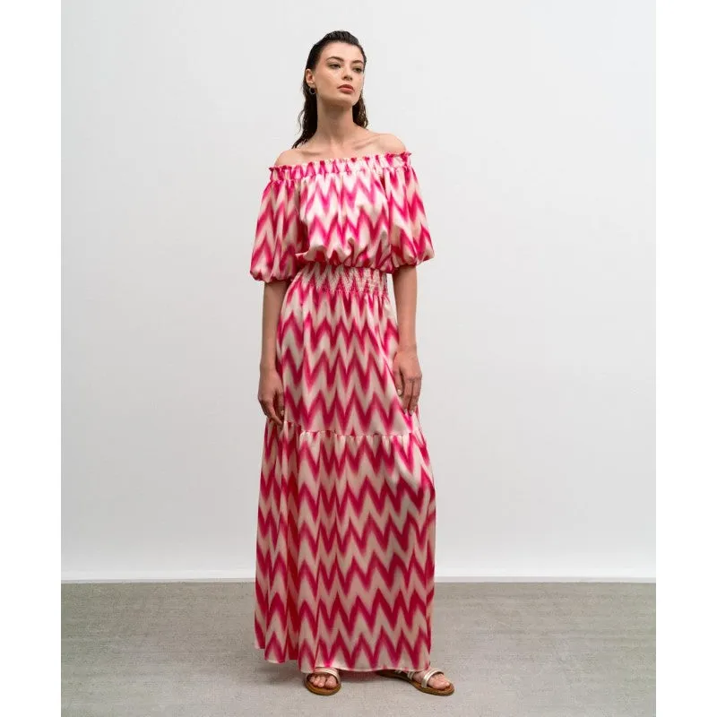 Access Off The Shoulder Geometrically Pink/White Printed Dress