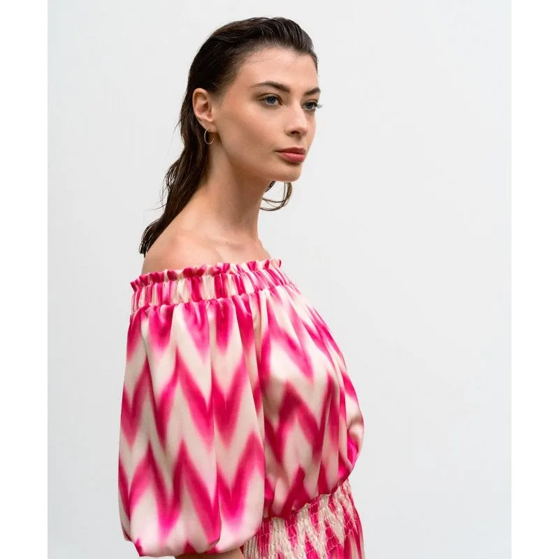 Access Off The Shoulder Geometrically Pink/White Printed Dress