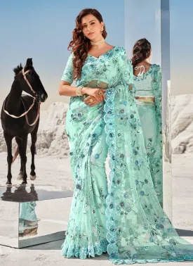 Aesthetic Look Sea Green Color Soft Net Base Stone And Sequins Work Saree