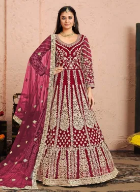 Alluring Look Deep Pink Color Zari Work Soft Net Base Gown