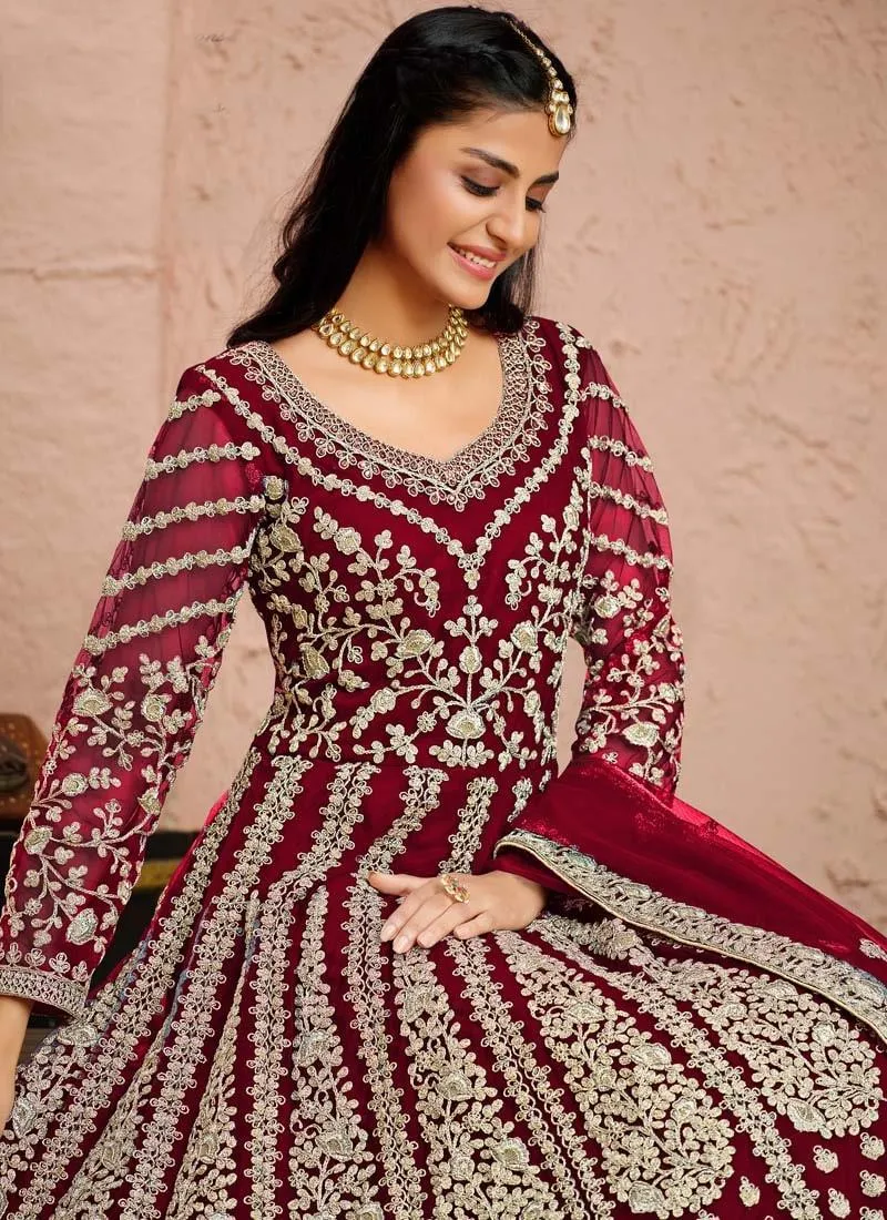 Alluring Look Deep Pink Color Zari Work Soft Net Base Gown