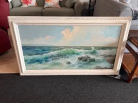 Canvas in white wood frame, ocean waves crashing