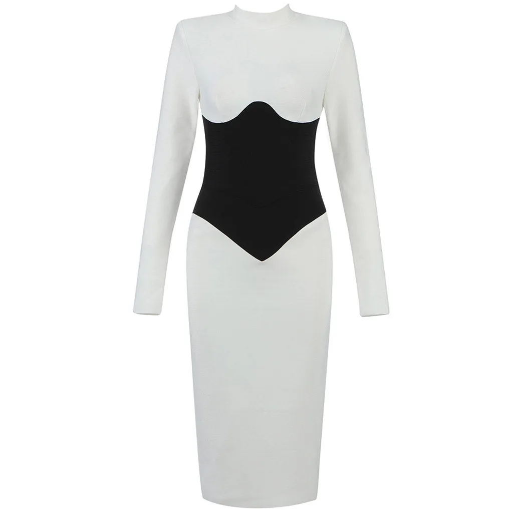 Contrast High Neck Long Sleeve Slit Midi Bandage Dress - White