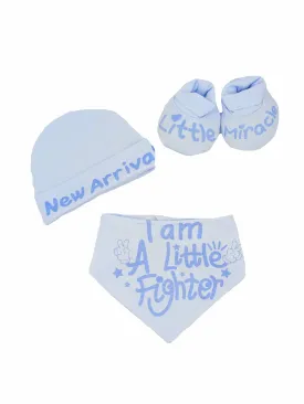 'Little Miracle' 3 Piece, Hat, Bib & Booties Set - Blue